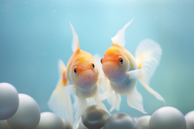 Peixe-dourado e albinos em um aquário com fundo azul