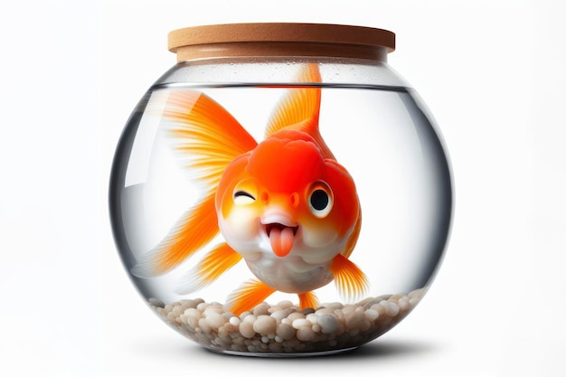 peixe dourado em um aquário redondo piscando e estendendo a língua isolado em fundo branco