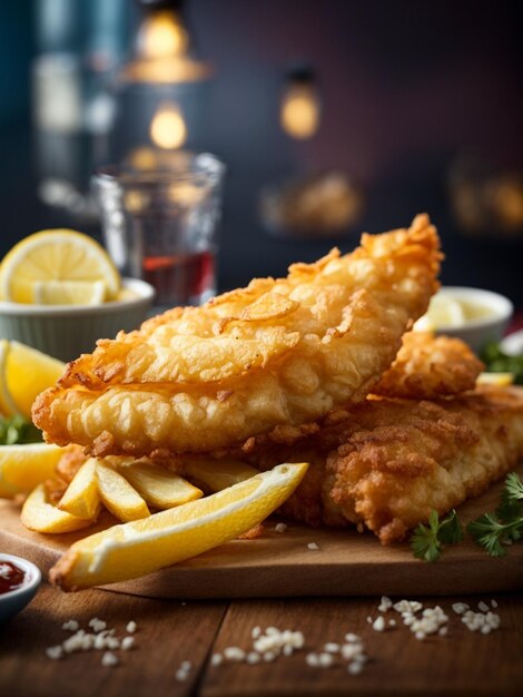 Peixe e batatas fritas britânicas a famosa comida em iluminação de estúdio e fundo fotografia de comida cinematográfica