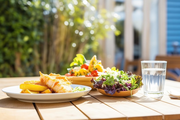 Peixe e batatas fritas servidos com salada em um pátio ensolarado