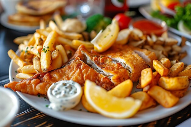 Peixe e batatas fritas variados num prato