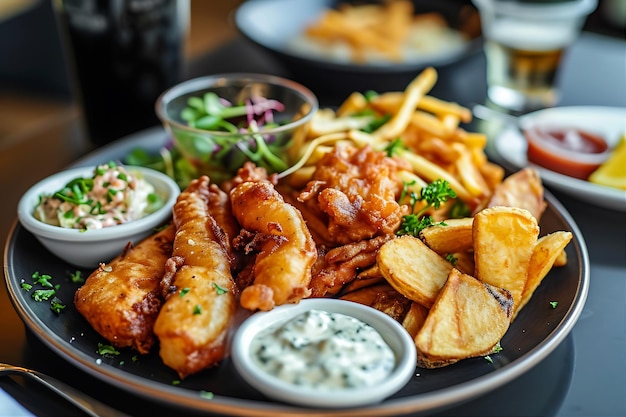 Peixe e batatas fritas variados num prato