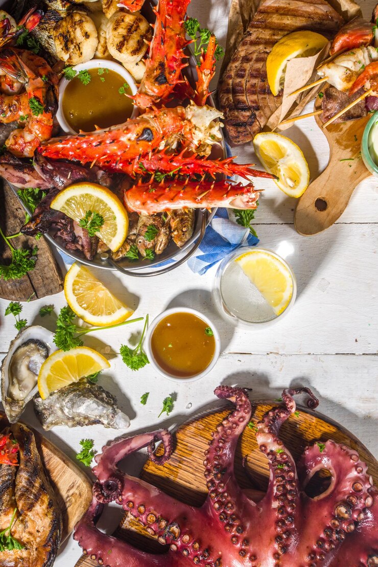 Foto peixe e frutos do mar grelhados