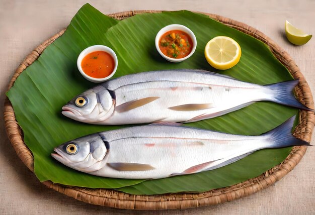 peixe em uma folha de banana com um molho vermelho e algum outro alimento