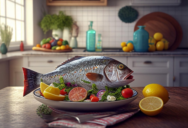 Peixe fresco com ervas de limão e legumes na mesa de madeira na cozinha generativa ai