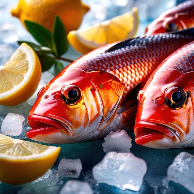 Peixe fresco com gelo com pedaços de limão frutos do mar à venda frios para frescura