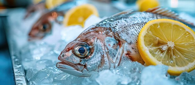 Foto peixe fresco com gelo e limões