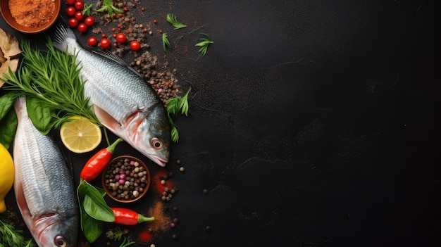 Peixe fresco com ingredientes para fundo escuro Vista superior com espaço para colocar texto