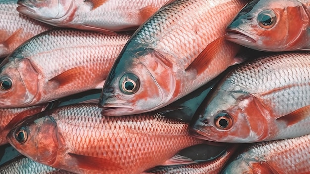 Peixe fresco do oceano em vibrante vista superior no mercado de peixe generative ai