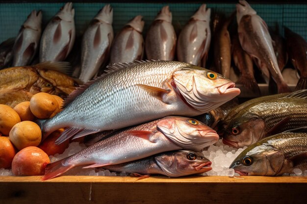 Peixe fresco em exibição em um mercado de peixe com IA gerada