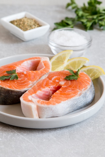 Peixe fresco. filés de salmão fresco com limão, especiarias e sal em um prato leve