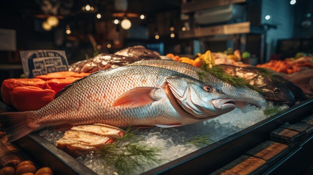 Peixe fresco pronto para venda no balcão do pescador