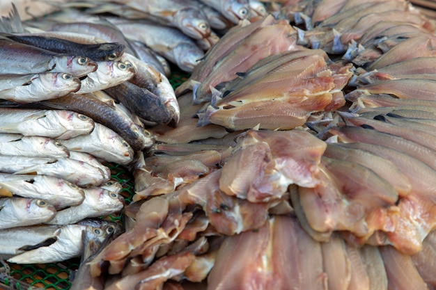 Peixe fresco seco na cesta e sol tradição tailandesa