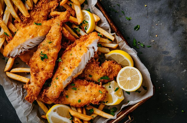 Peixe frito delicioso com limão e batatas fritas em uma bandeja