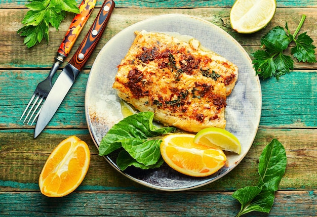 Peixe frito em óleo de laranja, deliciosos frutos do mar. filé de peixe