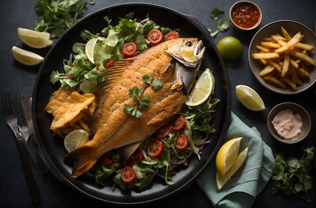 Foto peixe frito inteiro com salada