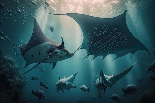 Foto peixe gigante oceniac manta ray, natureza exuberante subaquática por ia generativa