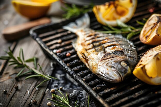 Foto peixe grelhado com limão e especiarias em uma grelha velha