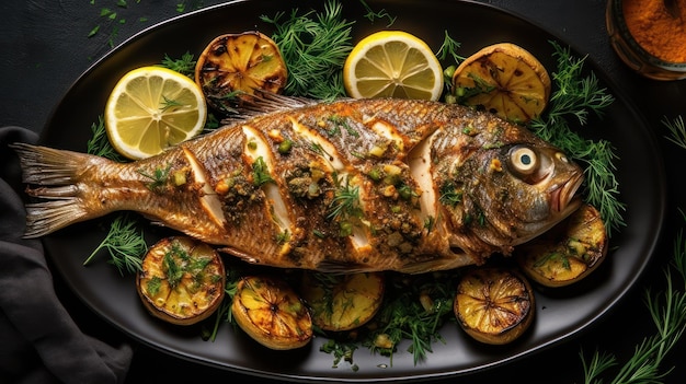 peixe grelhado com limão e salada