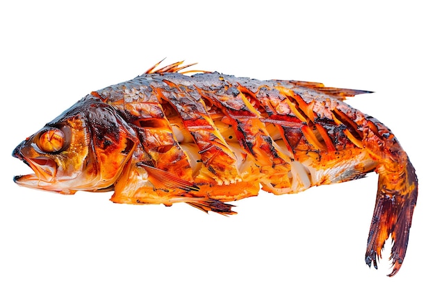 Peixe grelhado isolado sobre um fundo branco ou transparente peixe frito em close-up visualização superior gráfico