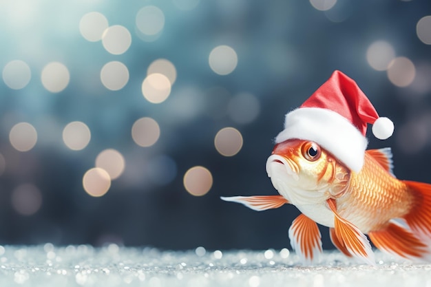 Peixe Koi de Natal com chapéu de Papai Noel em miniatura flutuando no fundo com espaço vazio para texto