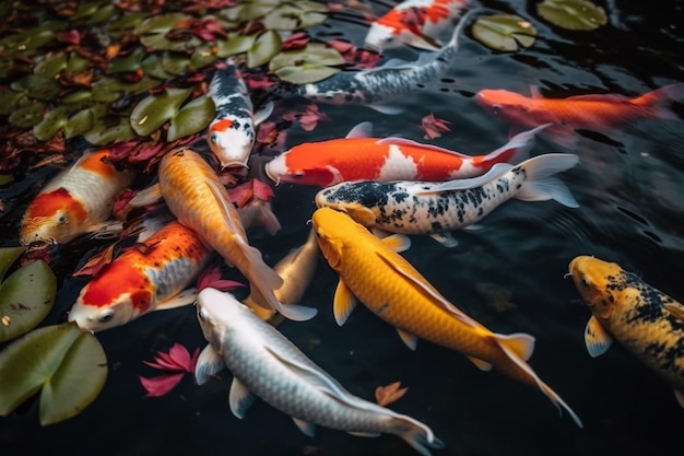 Peixe Koi em uma lagoa com folhas na água