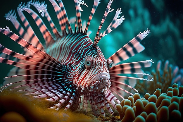 Peixe-leão anão em recifes de corais parecendo um belo peixe-leão anão de perto