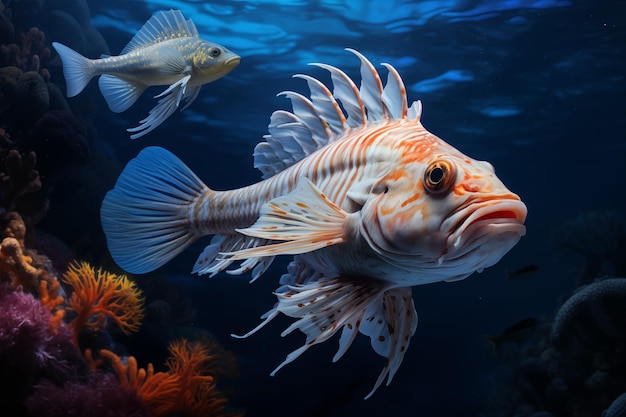 Peixe-leão nadando na água azul Mundo subaquático Ilustração hiper-realista