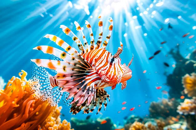 Foto peixe-leão vibrante nadando no recife de coralxa