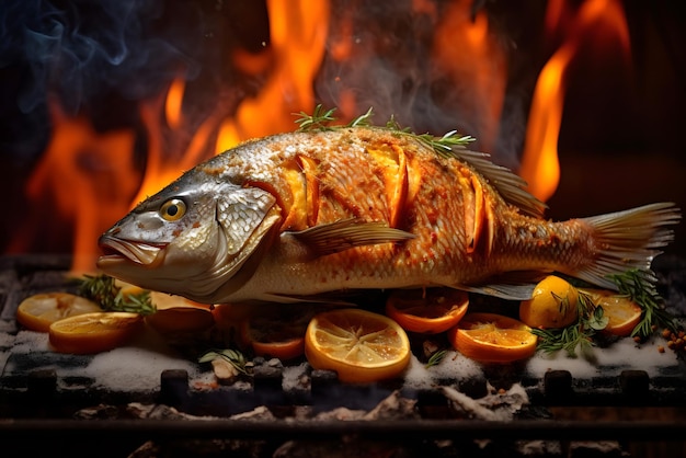 Peixe no fogo com laranjas e limões