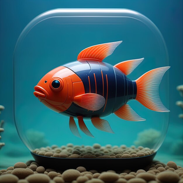 peixe no tanka 3 d renderizando um aquário laranja e azul com um peixe em uma tigela de vidro em um escuro