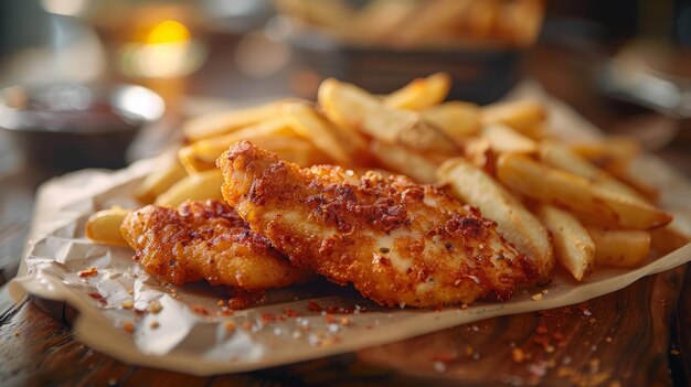 Foto peixe ou frango e batatas fritas para publicidade ou promoção comercial