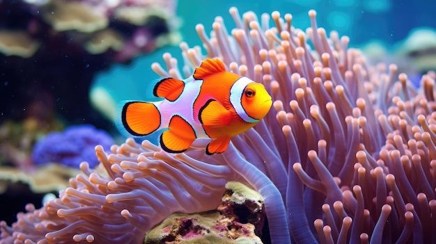 Peixe-palhaço Amphiprion ocellaris e anêmona no mar