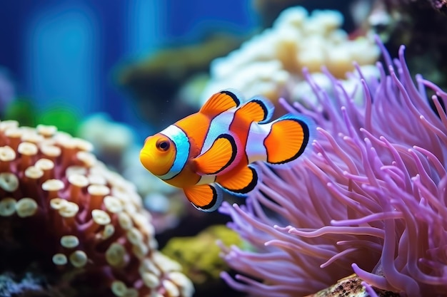 Peixe-palhaço Amphiprion ocellaris e anêmona no mar