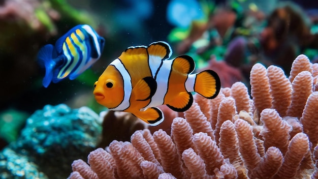 Peixe-palhaço ctenochaetus tominiensis e cíclidos azuis do Malawi nadando perto do coral duncan