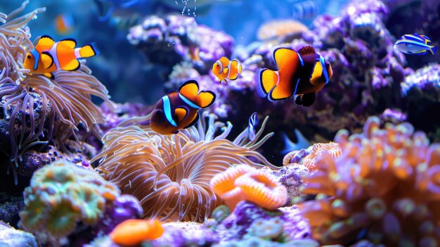 Peixe-palhaço em anêmona em um aquário de recife de coral vibrante