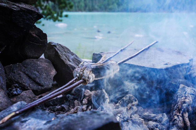 Peixe para grelhado na praia no fundo de um belo lago Comida turística durante uma parada na campanha peixe grisalho assado no espeto no fogo