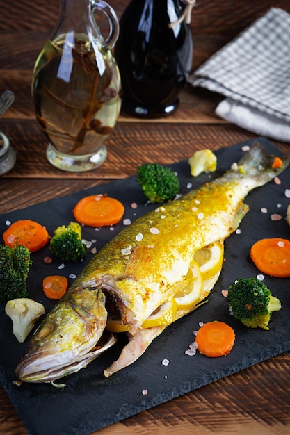 Peixe robalo assado com legumes e verduras na placa de pedra