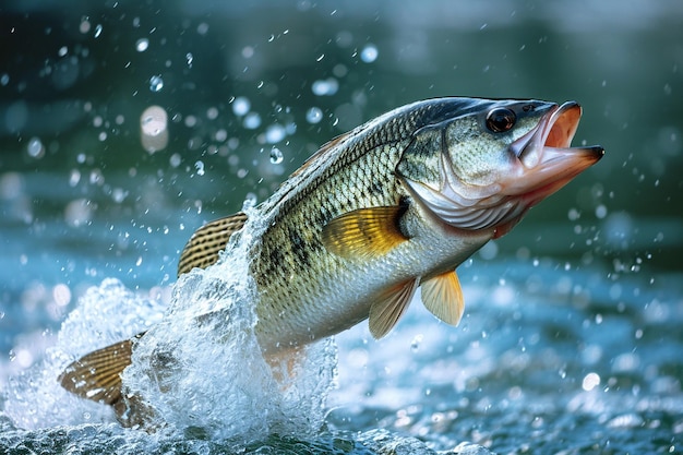 Peixe robalo saltando da água do rio feito por