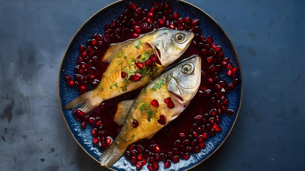 Foto peixe salgado em molho de romã e servido em prato de romã