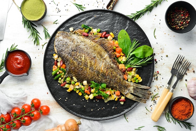 Peixe Solha assado com Legumes em uma Placa de Pedra Preta Frutos do Mar Vista superior Espaço livre para o seu texto