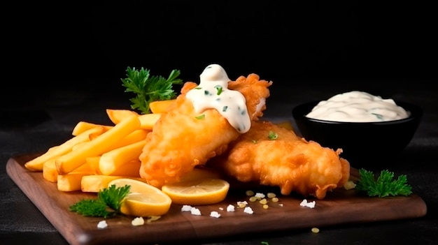 Peixe tradicional britânico com batatas fritas e molho tártaro Generative AI