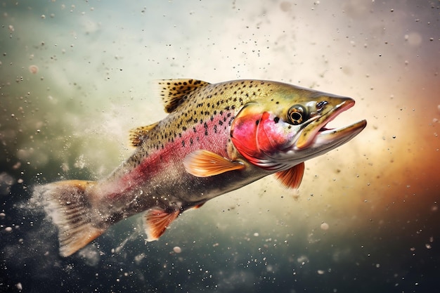 Peixe truta arco-íris saltando da água do rio fez ilustração Ai generativa