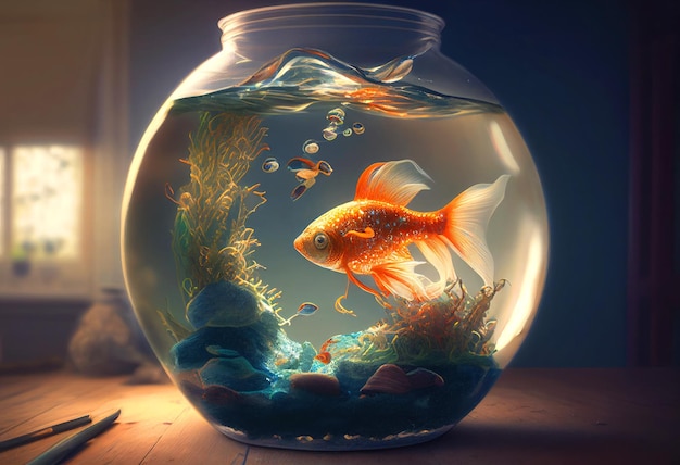 Peixe vermelho em um pequeno aquário redondo sobre a mesa Generative AI