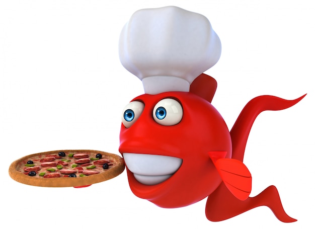 peixe vermelho ilustrado engraçado segurando uma pizza