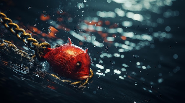 Peixe vermelho nadando com cadeia