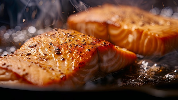 Peixe vermelho, salmão, atum frito cozinhando em panela de óleo de churrasco Desenho de fundo de bandeira