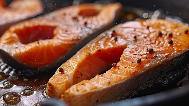 Peixe vermelho, salmão, atum frito cozinhando em panela de óleo de churrasco Desenho de fundo de bandeira