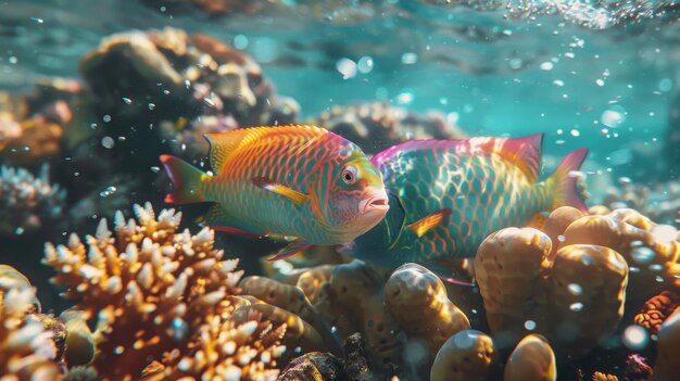 Peixes a nadar no ambiente natural subaquático dos recifes de coral