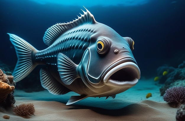 Peixes assustadores debaixo d'água no fundo do mar